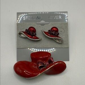 Red Hat Brooch and Earrings Set